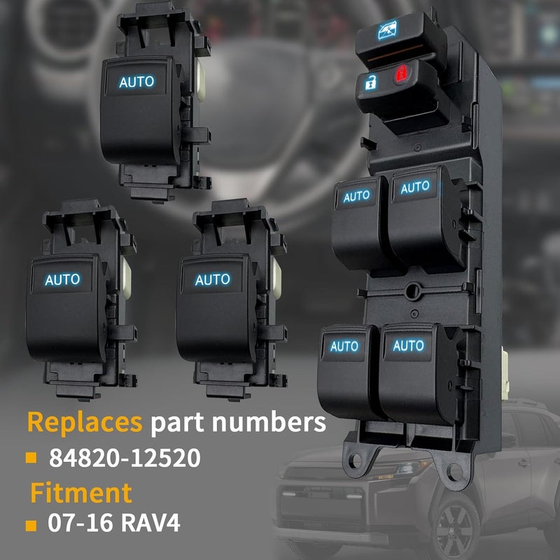BELGEMAY 4-Door Auto Window Switch Upgrade Kit with Ice Blue Backlit Buttons – Direct Fit for 2007-2012 Toyota RAV4 Driver Side, Plug & Play (Includes Trim Tool) - Image 2